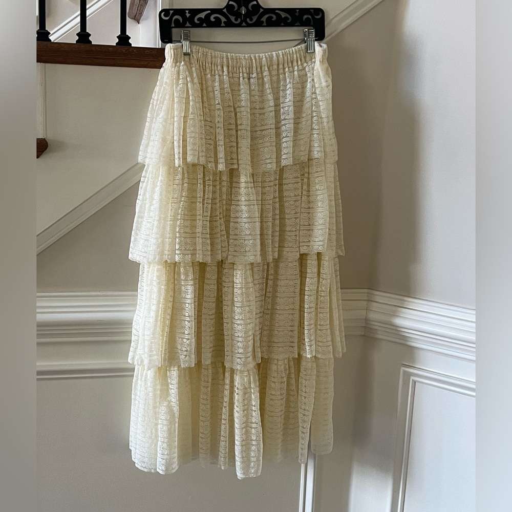 Free People Cream Tiered Lace A-Line Skirt